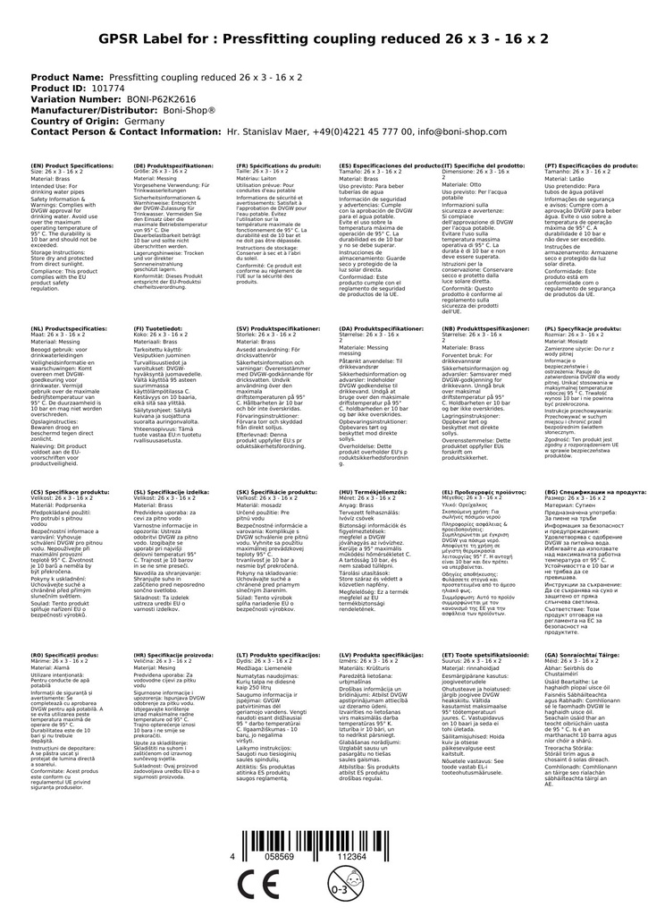 Acoplamento de Pressão Reduzido 26 x 3 - 16 x 2-3