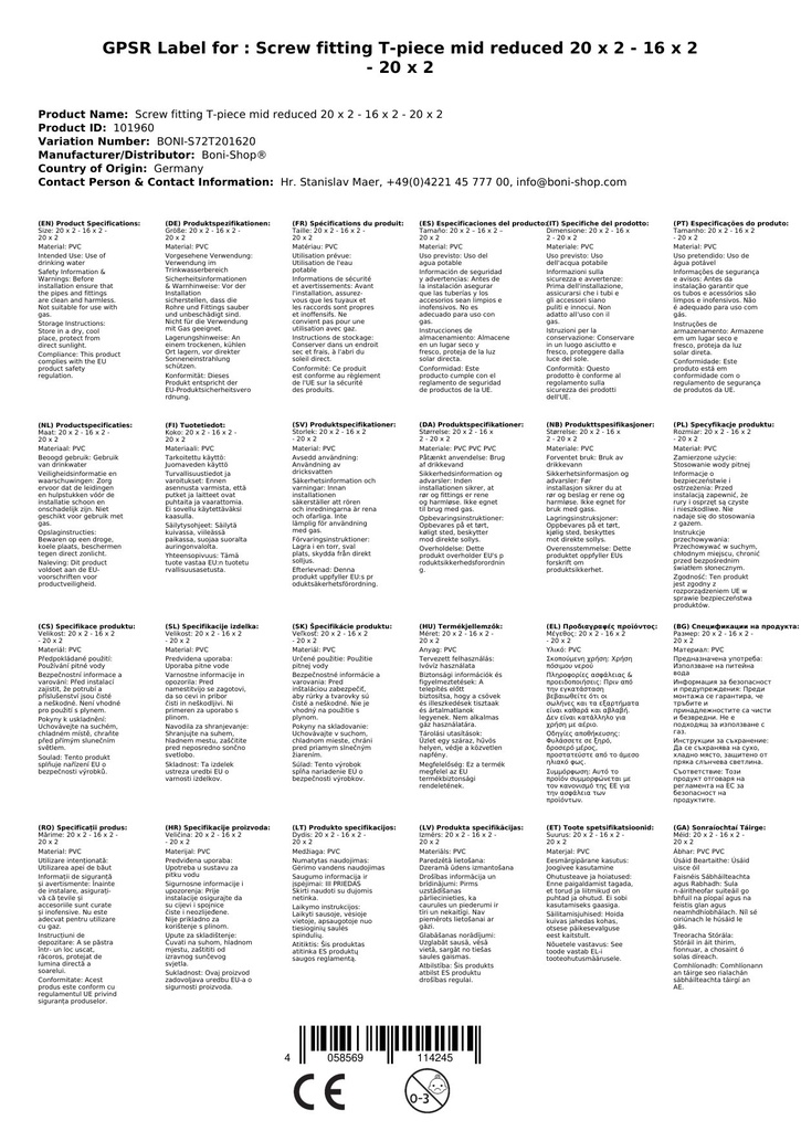 Conexão de Parafuso T-Peça Reduzida no Meio 20 x 2 - 16 x 2 - 20 x 2-2