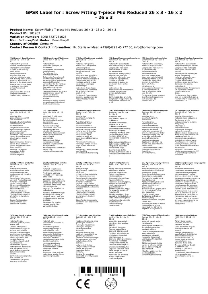 Conexão de Parafuso T-Peça Reduzida no Meio 26 x 3 - 16 x 2 - 26 x 3-2