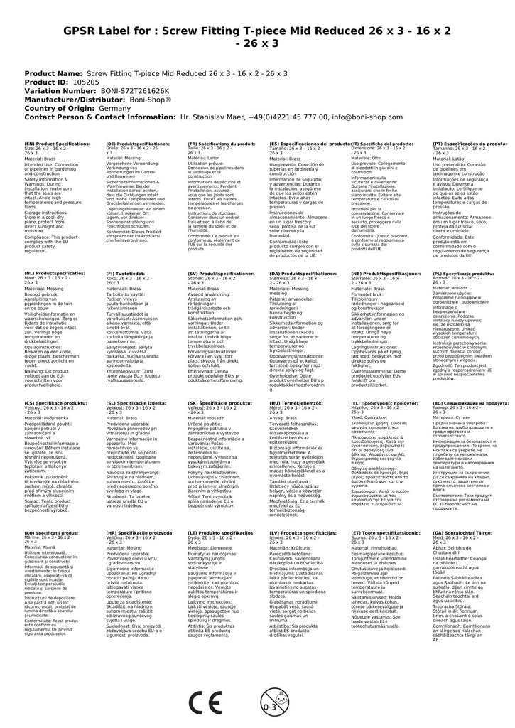 Conexão de Parafuso T-Peça Reduzida no Meio 26 x 3 - 16 x 2 - 26 x 3-2