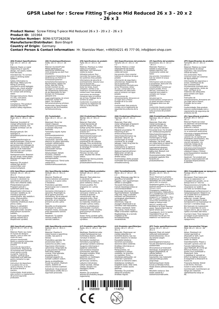 Conexão de Parafuso T-Peça Meio Reduzido 26 x 3 - 20 x 2 - 26 x 3-2