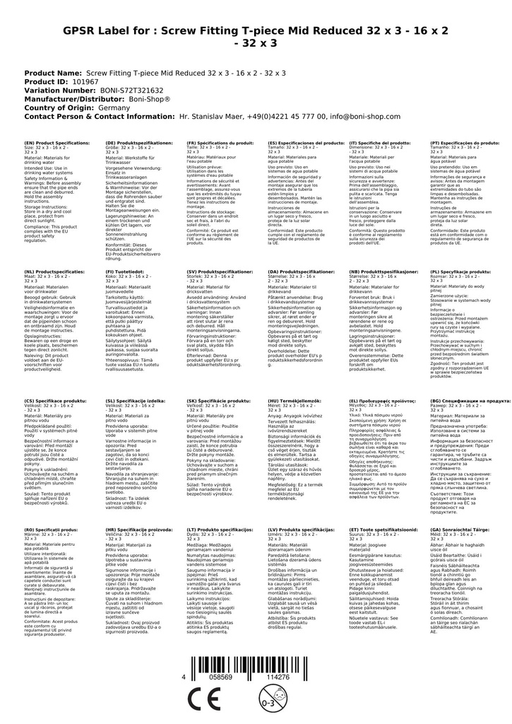 Conexão de Parafuso T-Peça Meio Reduzido 32 x 3 - 16 x 2 - 32 x 3-2