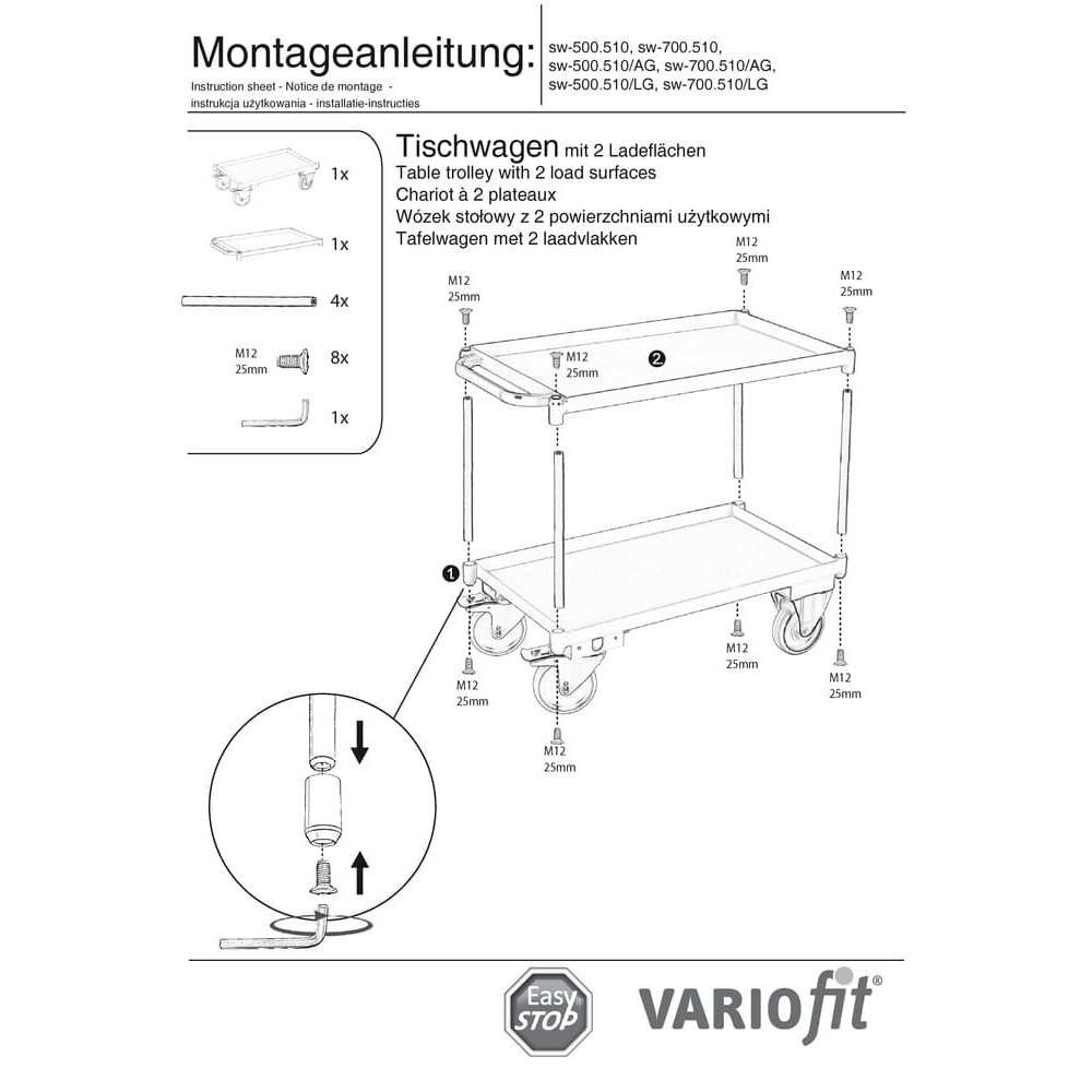 Carrinho de mesa com 2 níveis, borda da bandeja de 40 mm de altura + EasySTOP-1