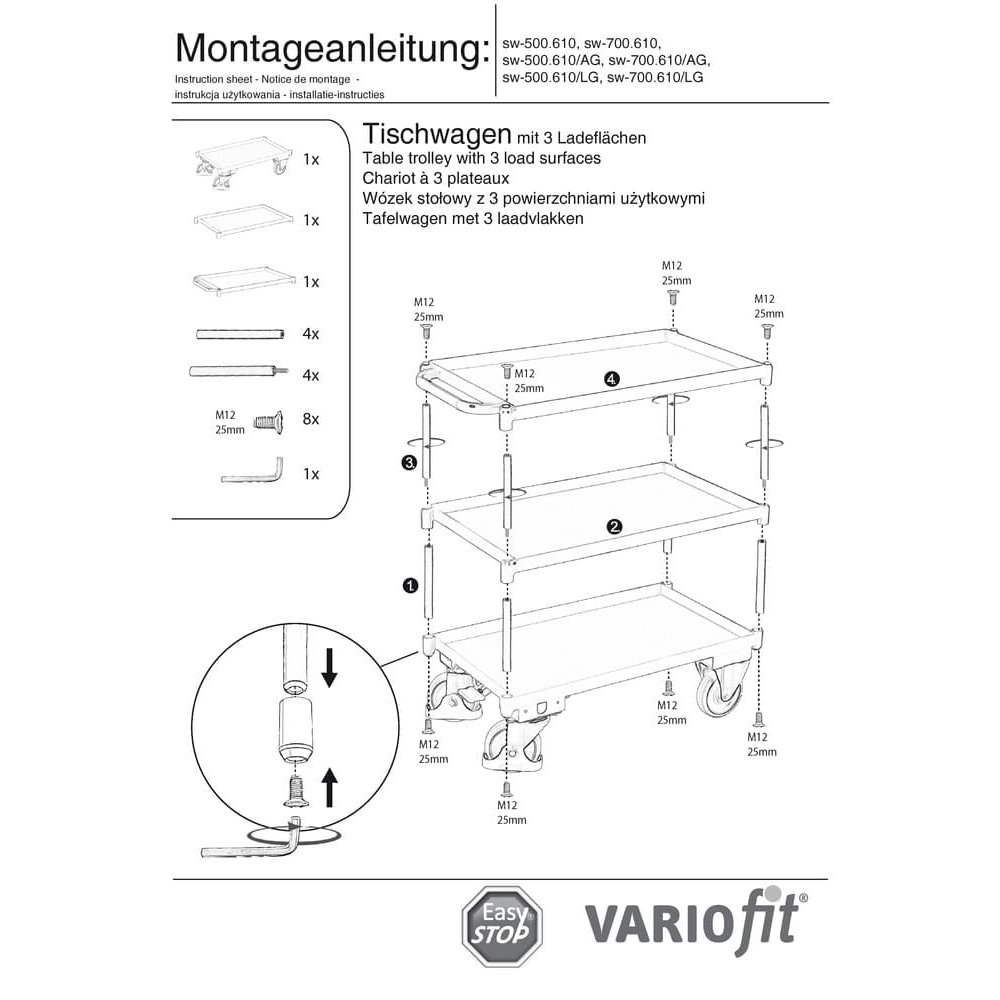 Carrinho de Mesa com 3 Andares, Borda de Bandeja de 40 mm de Altura + EasySTOP-1