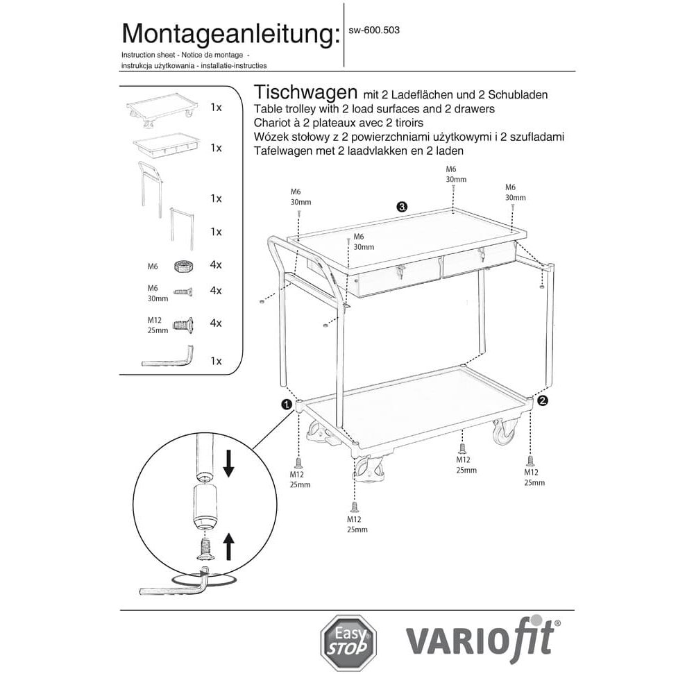 Carrinho de mesa 250 kg com 2 gavetas trancáveis, alça alta + EasySTOP-0