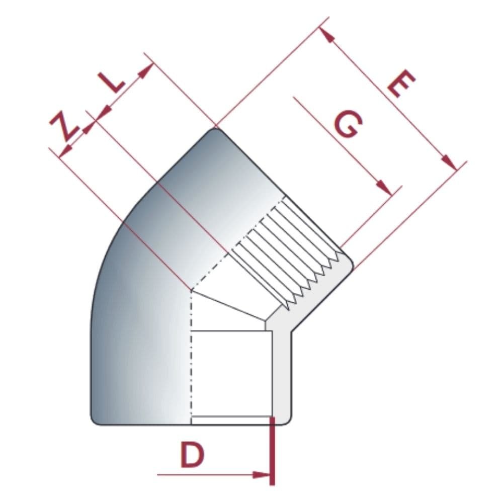 PVC-U 45° Cotovelo Bucha x IG 20 mm x 1/2"PN10-0