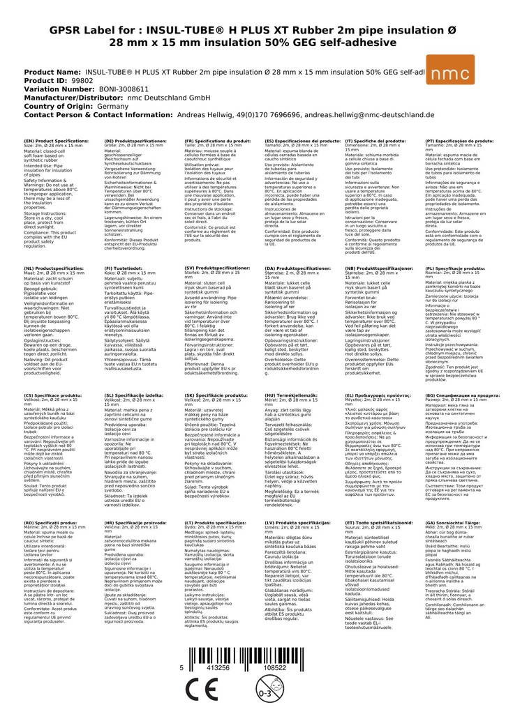 INSUL-TUBE® H PLUS XT Borracha 2m Isolamento de Tubos Ø 28 mm x 15 mm Isolamento 50% GEG autoadesivo-0