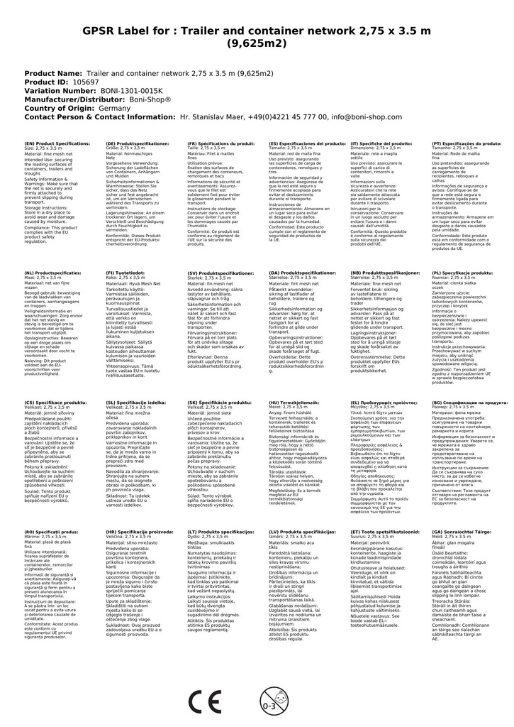 Rede de Reboque e Contêiner PE-Monofilamento 2, 75 x 3, 5 m (9, 625m²)-1