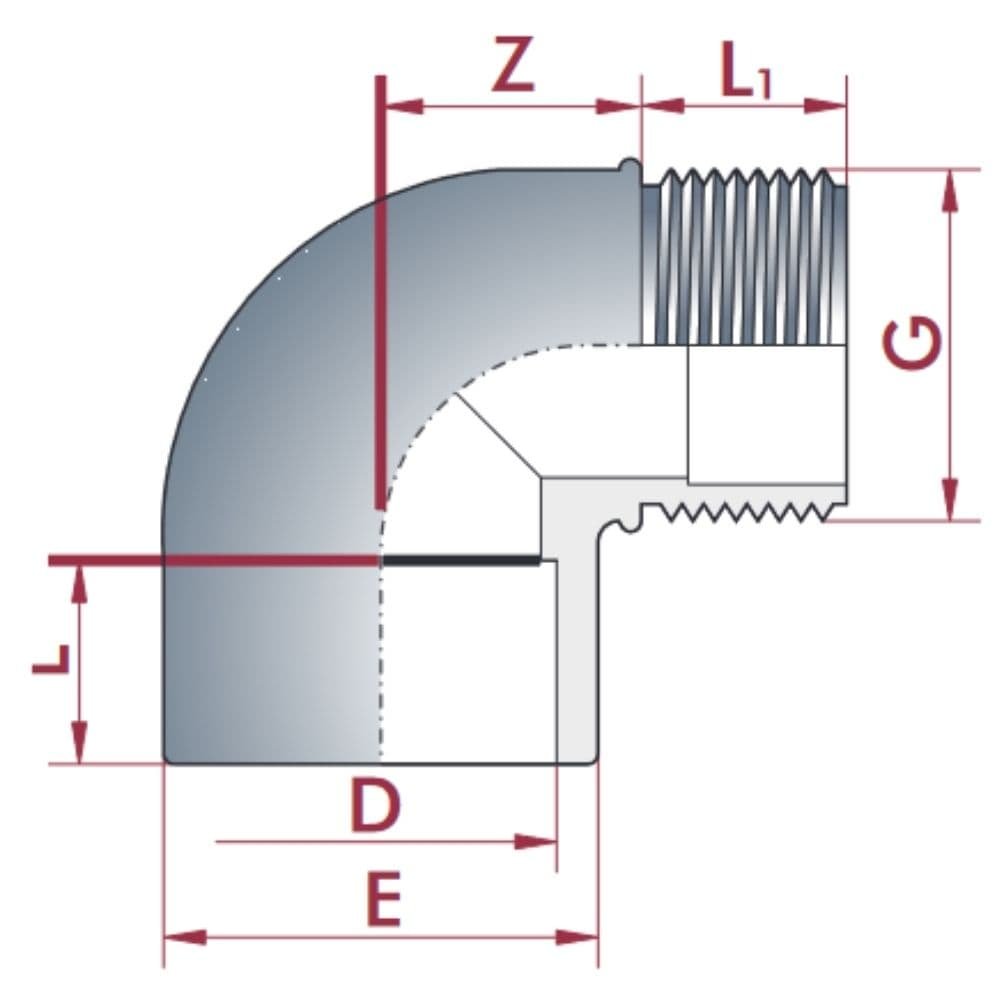 PVC-U Cotovelo 90° Bucha x AG 50 mm x 1 1/2" PN10-0