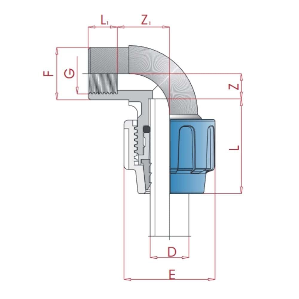 PP PE Conexão de Tubo 90° Cotovelo 40 x 3/4" IG-0