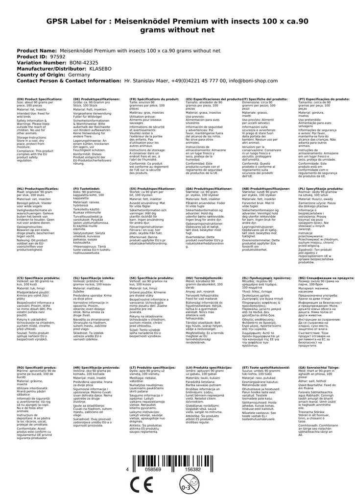 Meisenknödel Premium com Insetos 100 x ca. 90 Gramas sem Rede-2