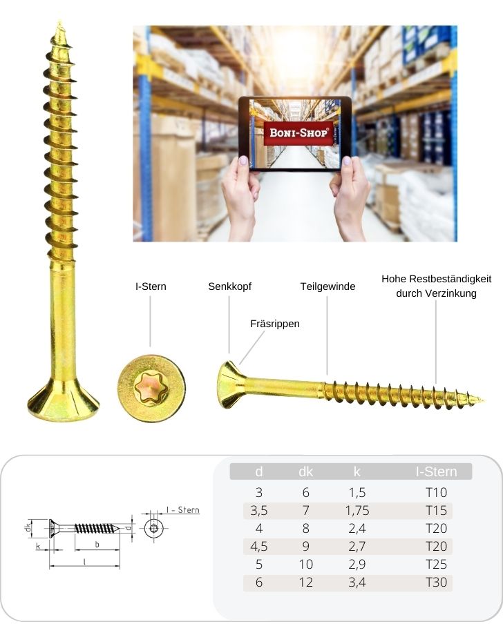 Parafusos para aglomerado 3,0 x 45 mm 1000 peças com estrela interna, cabeça escareada, rosca parcial e nervuras fresadas sob a cabeça-4